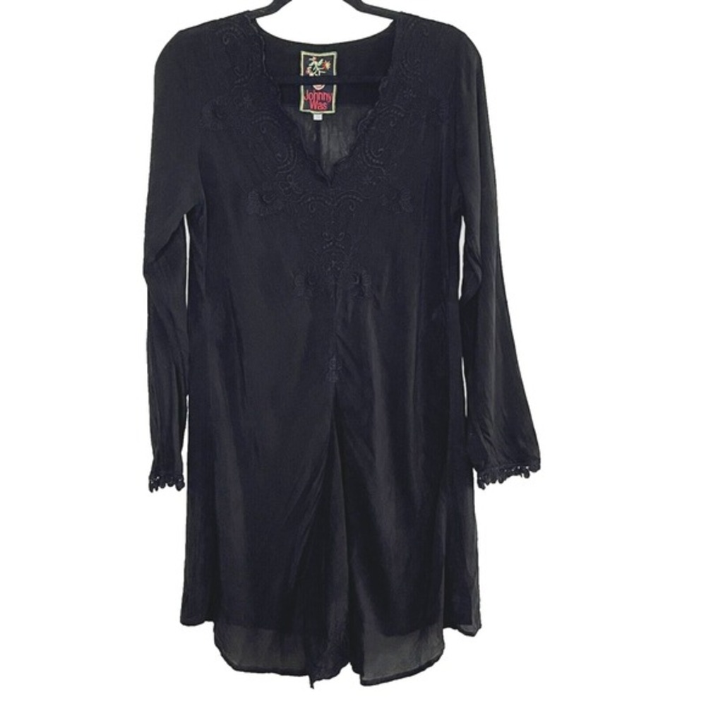 Johnny Was Embroidered V-Neck Tunic Top‎ Black S Long Sleeve Boho Artsy Romantic